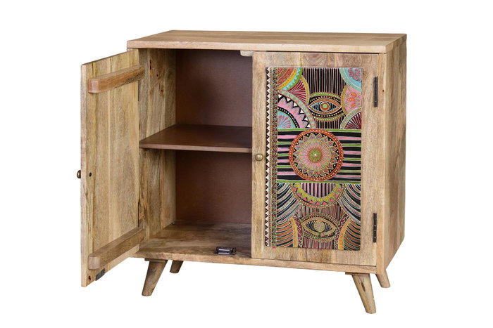 GINER Y COLOMER - Buffet 2 portes en bois de manguier naturel avec motifs ethniques peints à la main - 60 x 60 x 30 cm